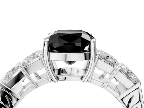 White gold Fancy Black Cushion Cut Solitaire Princess Side Stone Engraved Band Prong Setting Ring_4