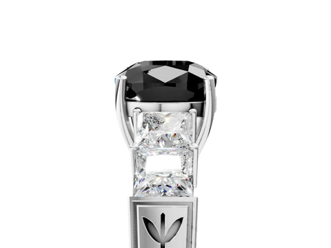 White gold Fancy Black Cushion Cut Solitaire Princess Side Stone Engraved Band Prong Setting Ring_5