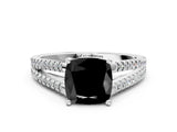White gold Fancy Black Cushion Cut Solitaire Split Shank Pavé Diamond Engagement Ring