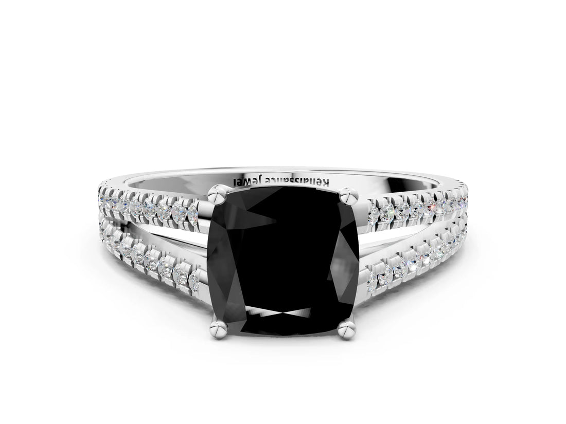 White gold Fancy Black Cushion Cut Solitaire Split Shank Pavé Diamond Engagement Ring