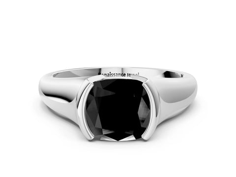 White gold Fancy Black Cushion Cut Solitaire Tension Set Diamond Ring with Split Shank Band_12