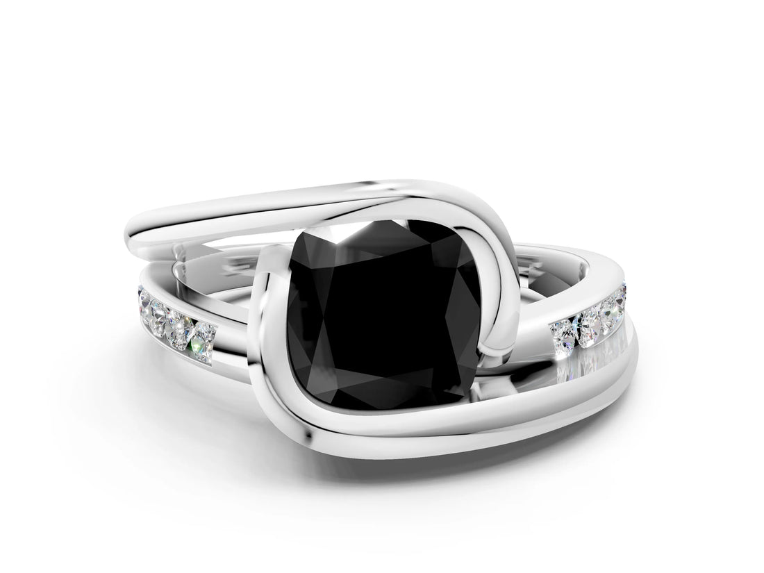 White gold Fancy Black Cushion Cut Solitaire Tension-Set Diamond Split Shank Ring