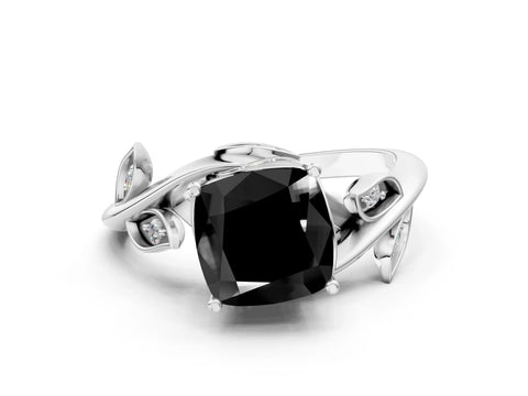White gold Fancy Black Cushion Cut Solitaire Twist Engagement Ring with Leaf Accents and Prong Setting_13