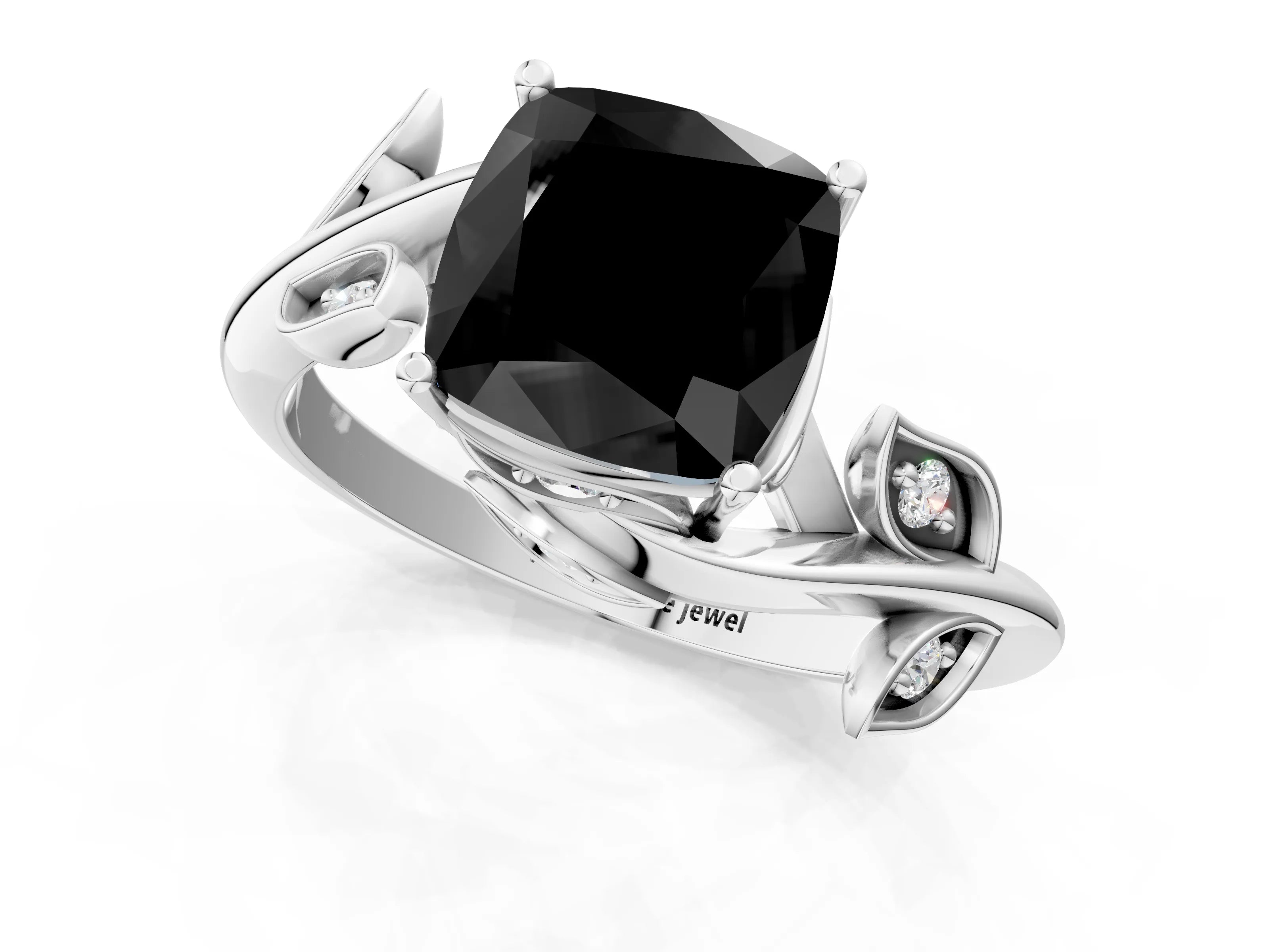 White gold Fancy Black Cushion Cut Solitaire Twist Engagement Ring with Leaf Accents and Prong Setting_14