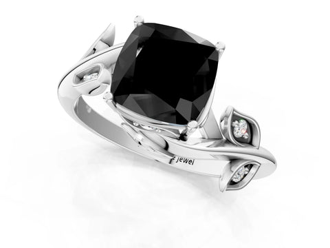 White gold Fancy Black Cushion Cut Solitaire Twist Engagement Ring with Leaf Accents and Prong Setting_14