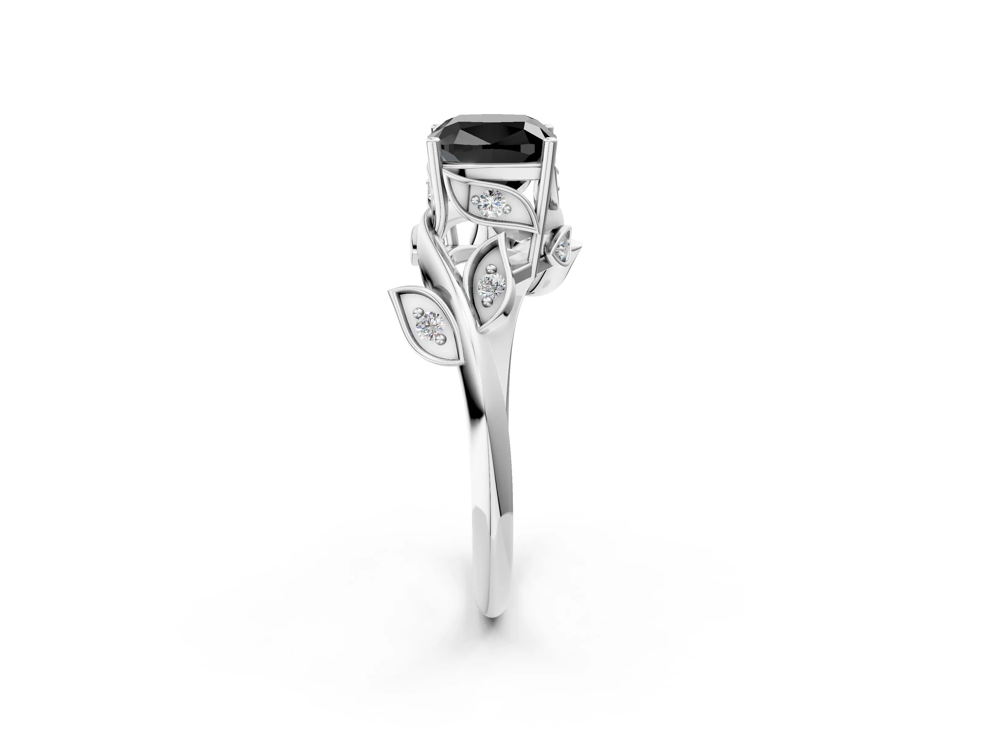 White gold Fancy Black Cushion Cut Solitaire Twist Engagement Ring with Leaf Accents and Prong Setting_15