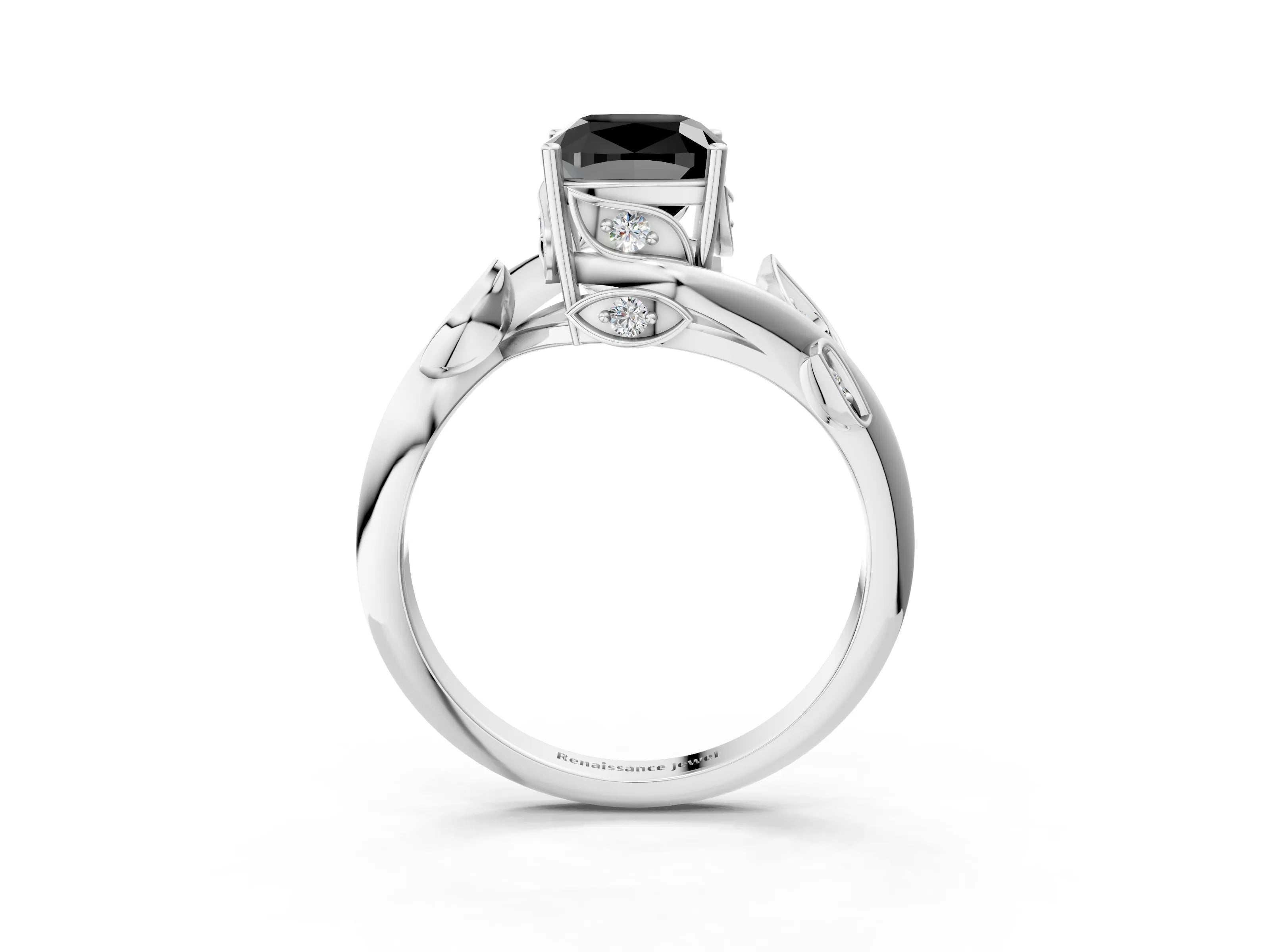 White gold Fancy Black Cushion Cut Solitaire Twist Engagement Ring with Leaf Accents and Prong Setting_16