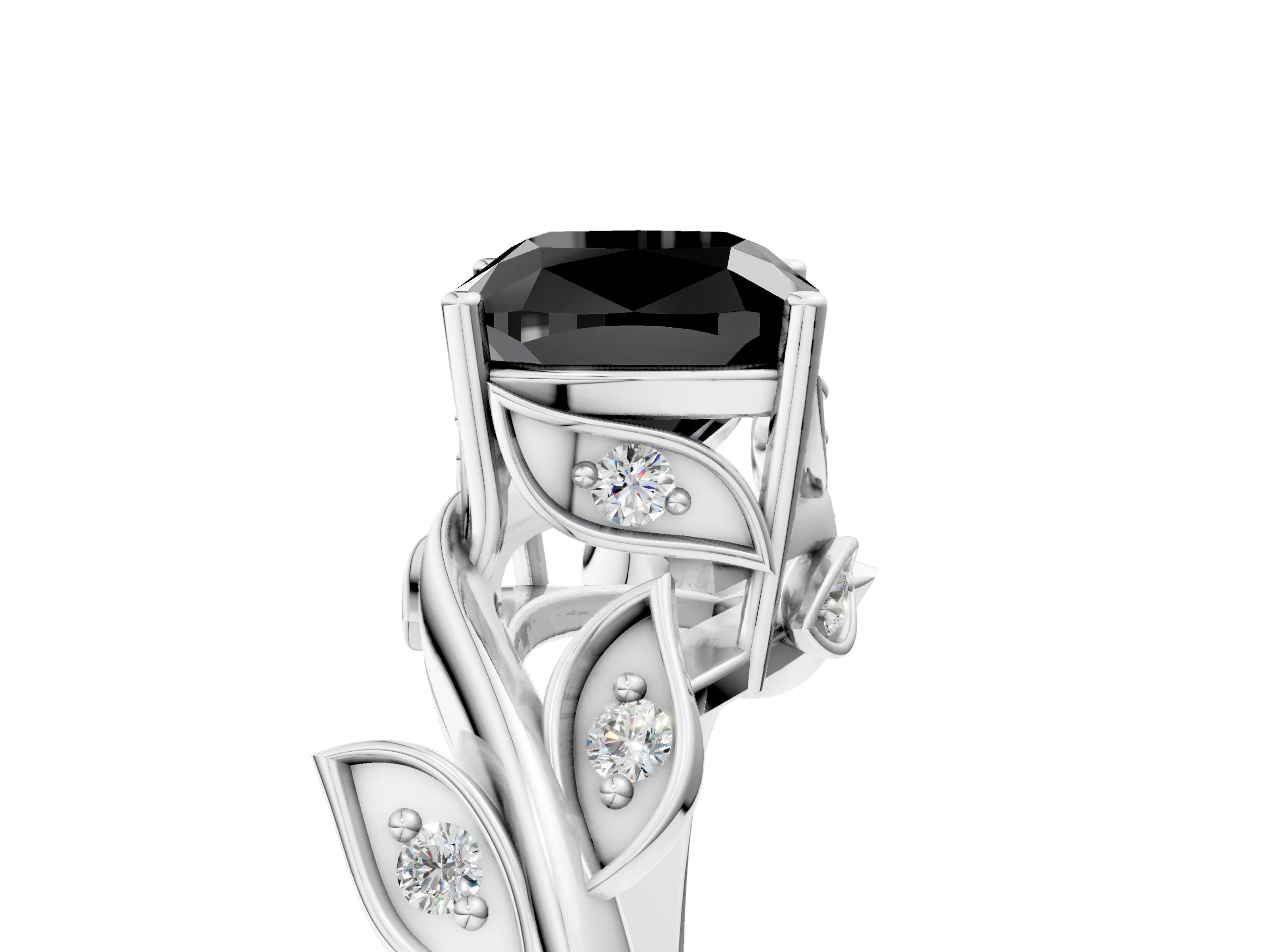 White gold Fancy Black Cushion Cut Solitaire Twist Engagement Ring with Leaf Accents and Prong Setting_17