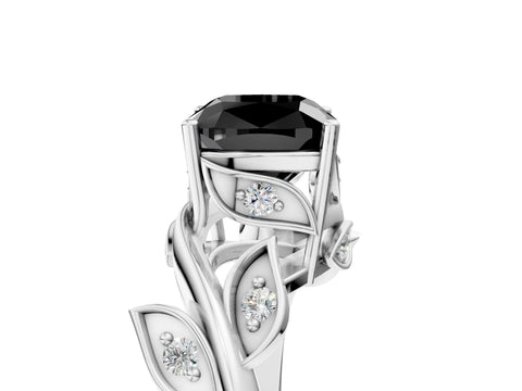 White gold Fancy Black Cushion Cut Solitaire Twist Engagement Ring with Leaf Accents and Prong Setting_17