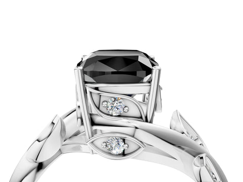 White gold Fancy Black Cushion Cut Solitaire Twist Engagement Ring with Leaf Accents and Prong Setting_17