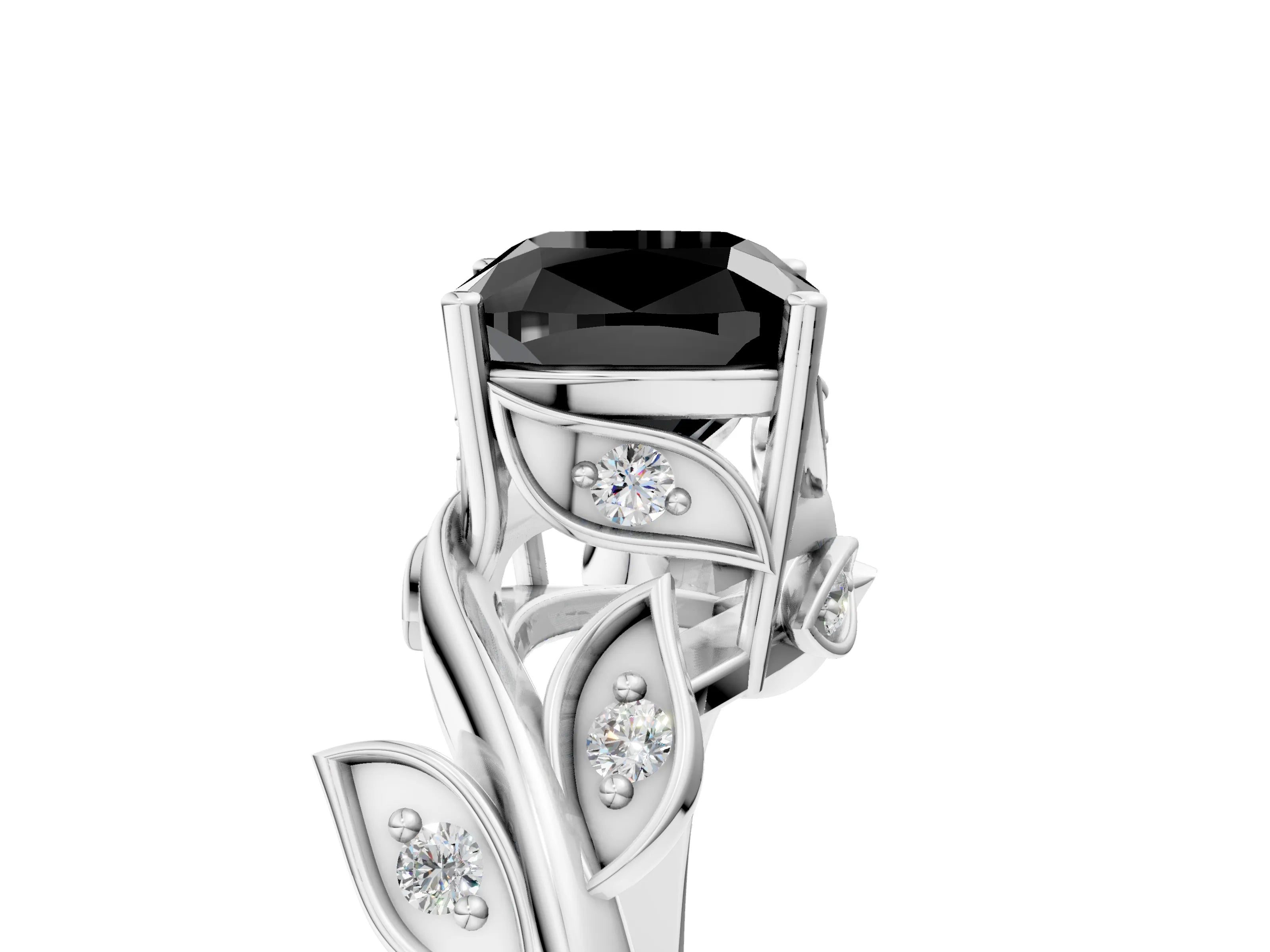 White gold Fancy Black Cushion Cut Solitaire Twist Engagement Ring with Leaf Accents and Prong Setting_18