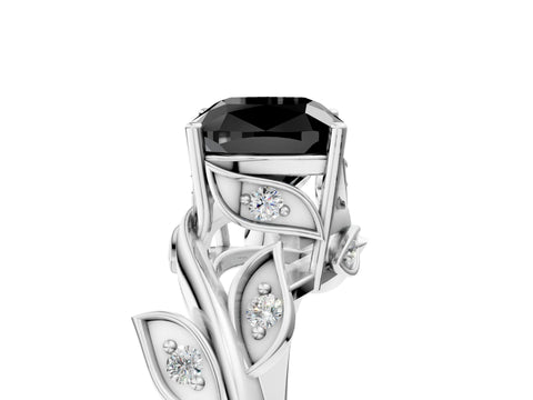 White gold Fancy Black Cushion Cut Solitaire Twist Engagement Ring with Leaf Accents and Prong Setting_18
