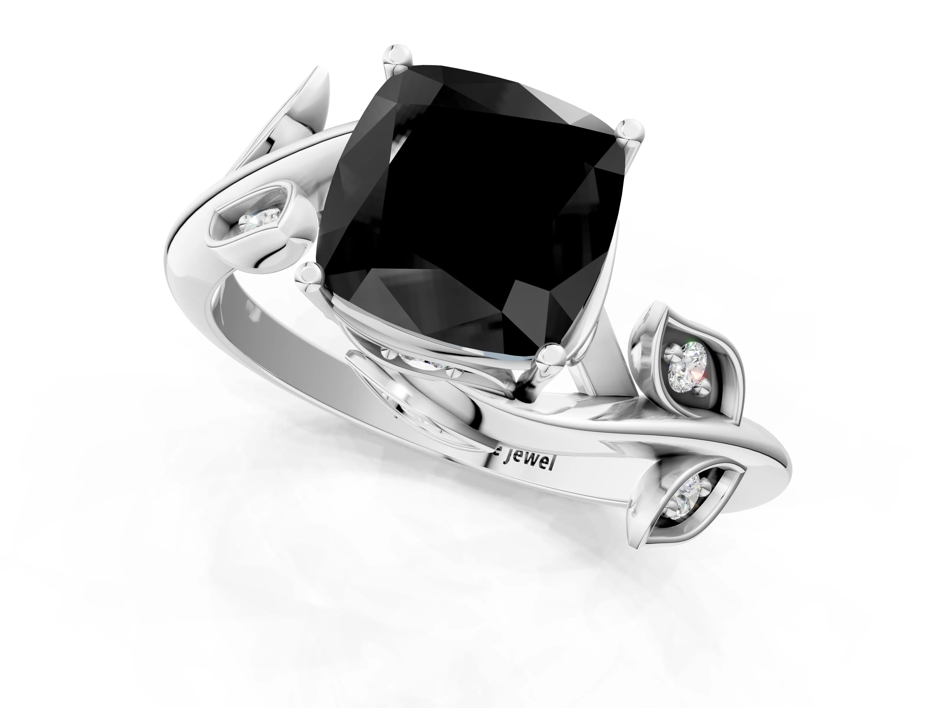 White gold Fancy Black Cushion Cut Solitaire Twist Engagement Ring with Leaf Accents and Prong Setting_1