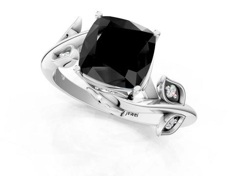 White gold Fancy Black Cushion Cut Solitaire Twist Engagement Ring with Leaf Accents and Prong Setting_1