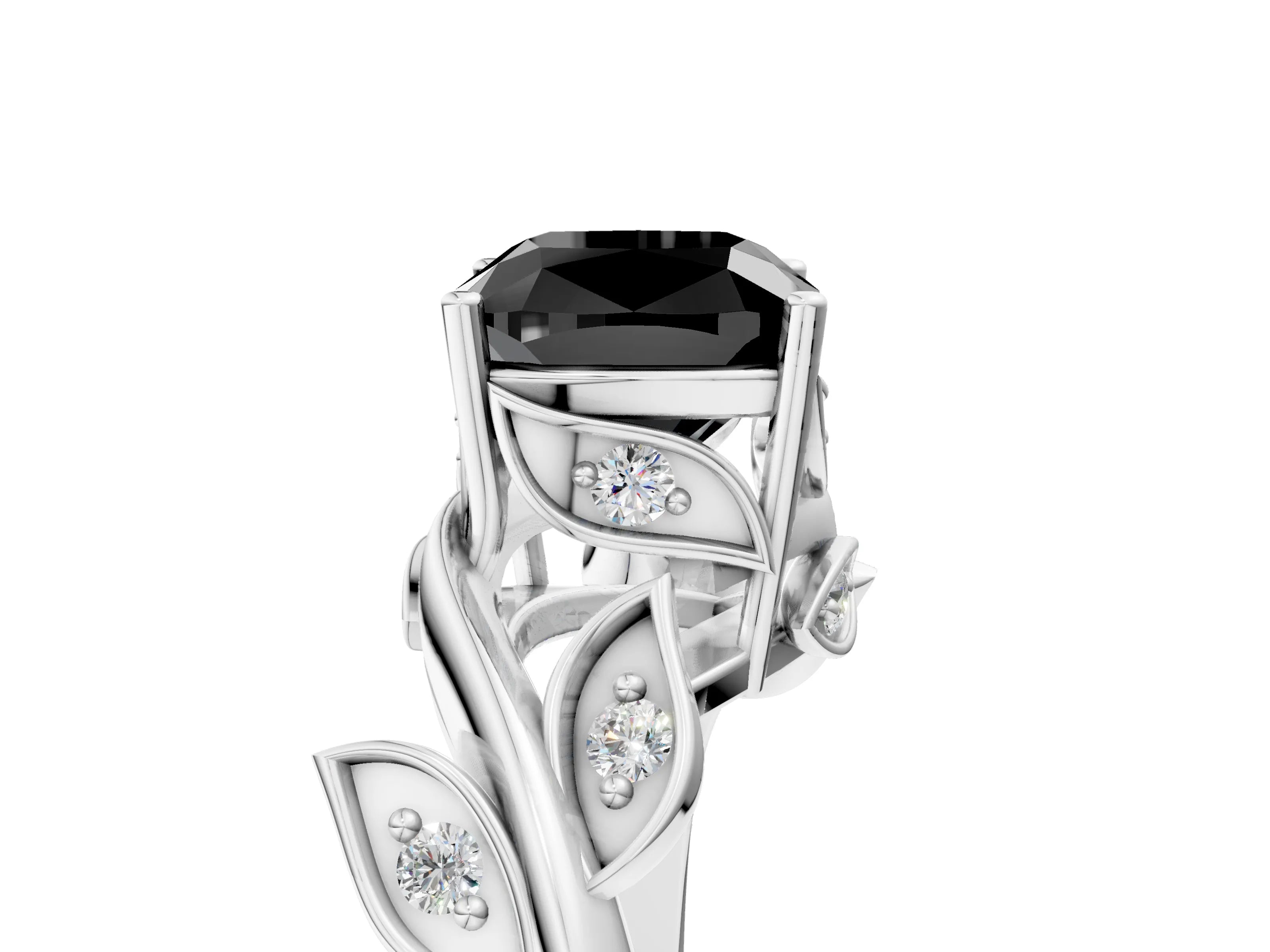 White gold Fancy Black Cushion Cut Solitaire Twist Engagement Ring with Leaf Accents and Prong Setting_29