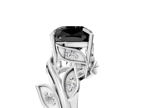 White gold Fancy Black Cushion Cut Solitaire Twist Engagement Ring with Leaf Accents and Prong Setting_5