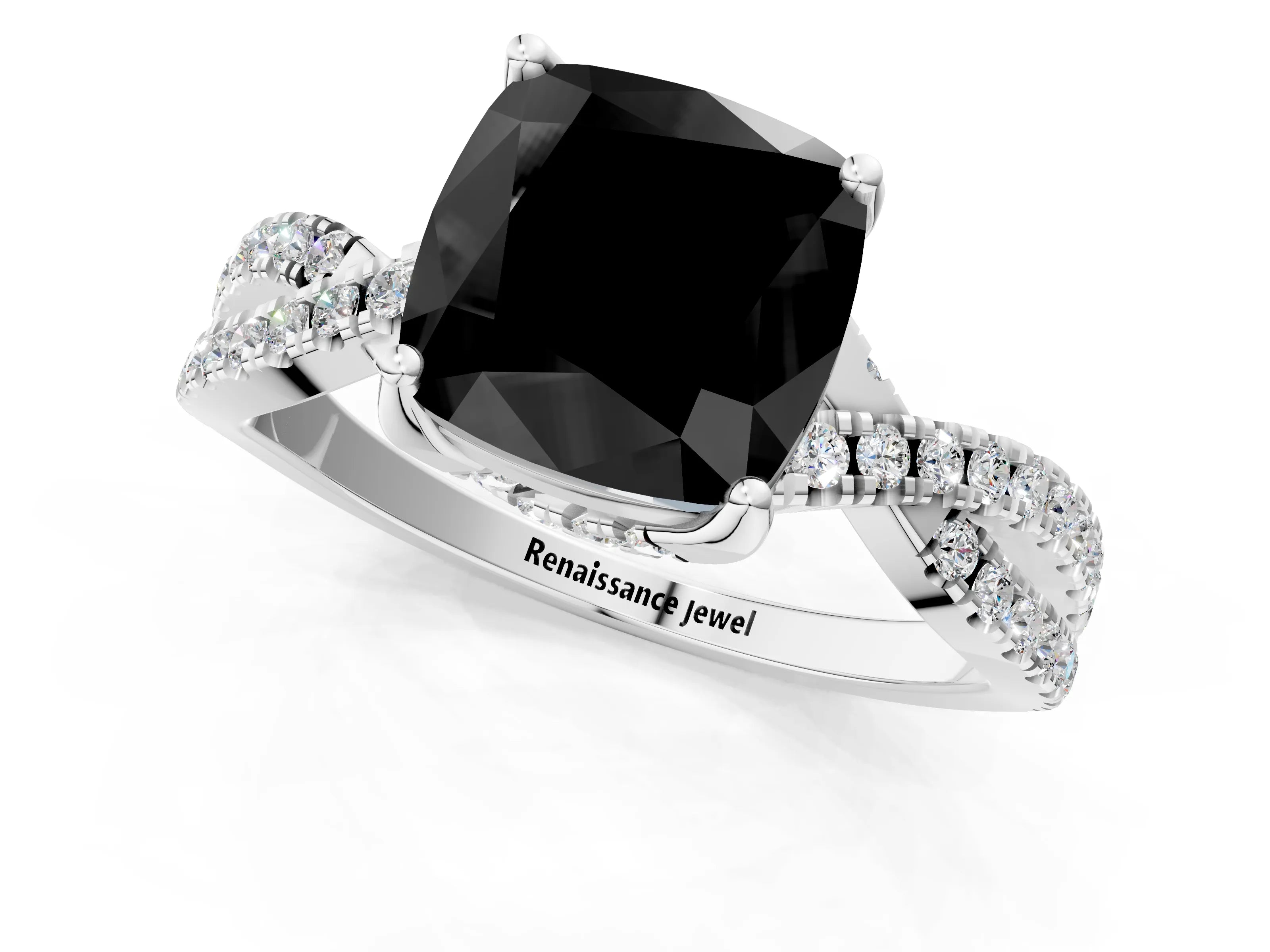 White gold Fancy Black Cushion Cut Solitaire Twist Pave Diamond Engagement Ring with Prong Setting_13