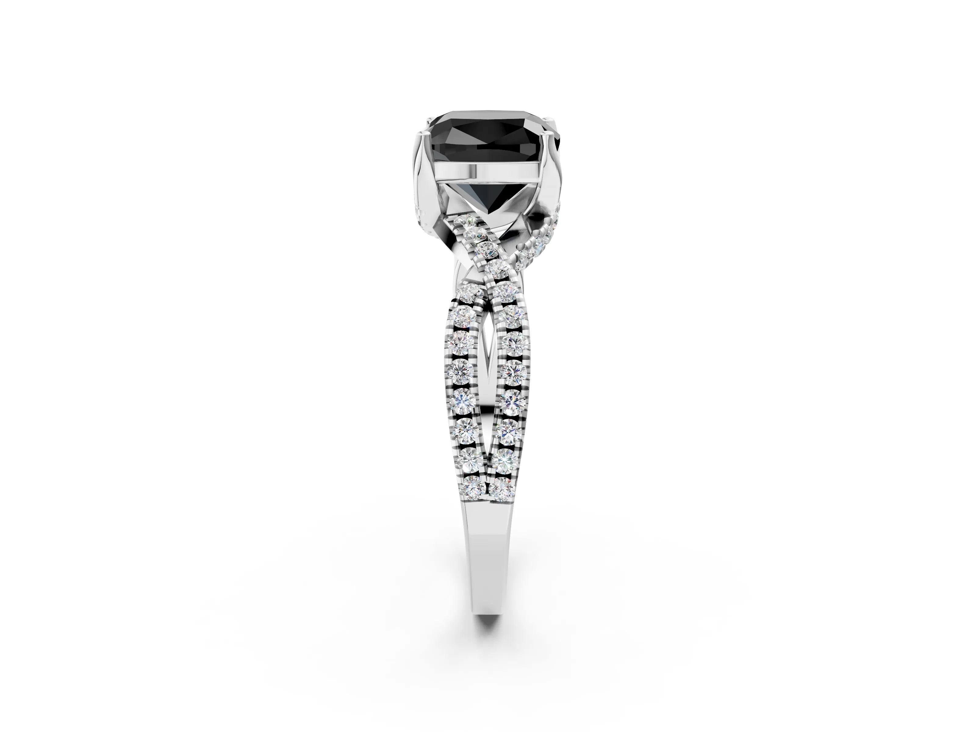 White gold Fancy Black Cushion Cut Solitaire Twist Pave Diamond Engagement Ring with Prong Setting_14