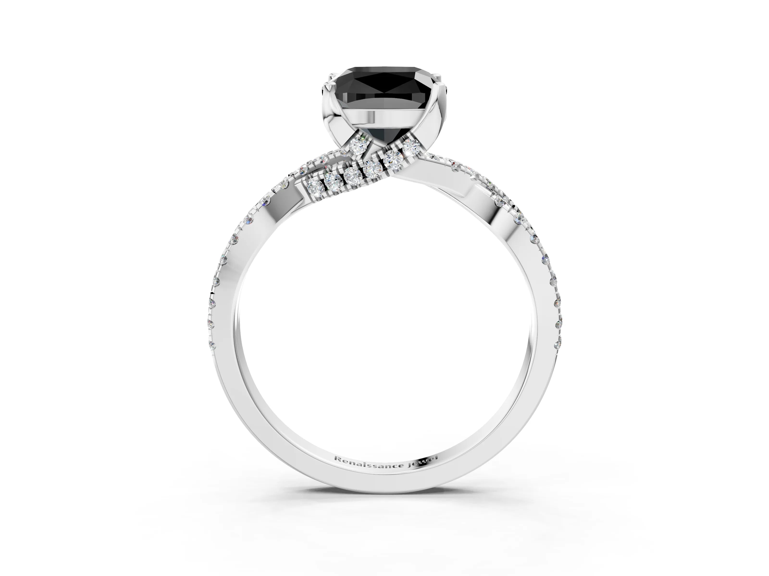 White gold Fancy Black Cushion Cut Solitaire Twist Pave Diamond Engagement Ring with Prong Setting_15