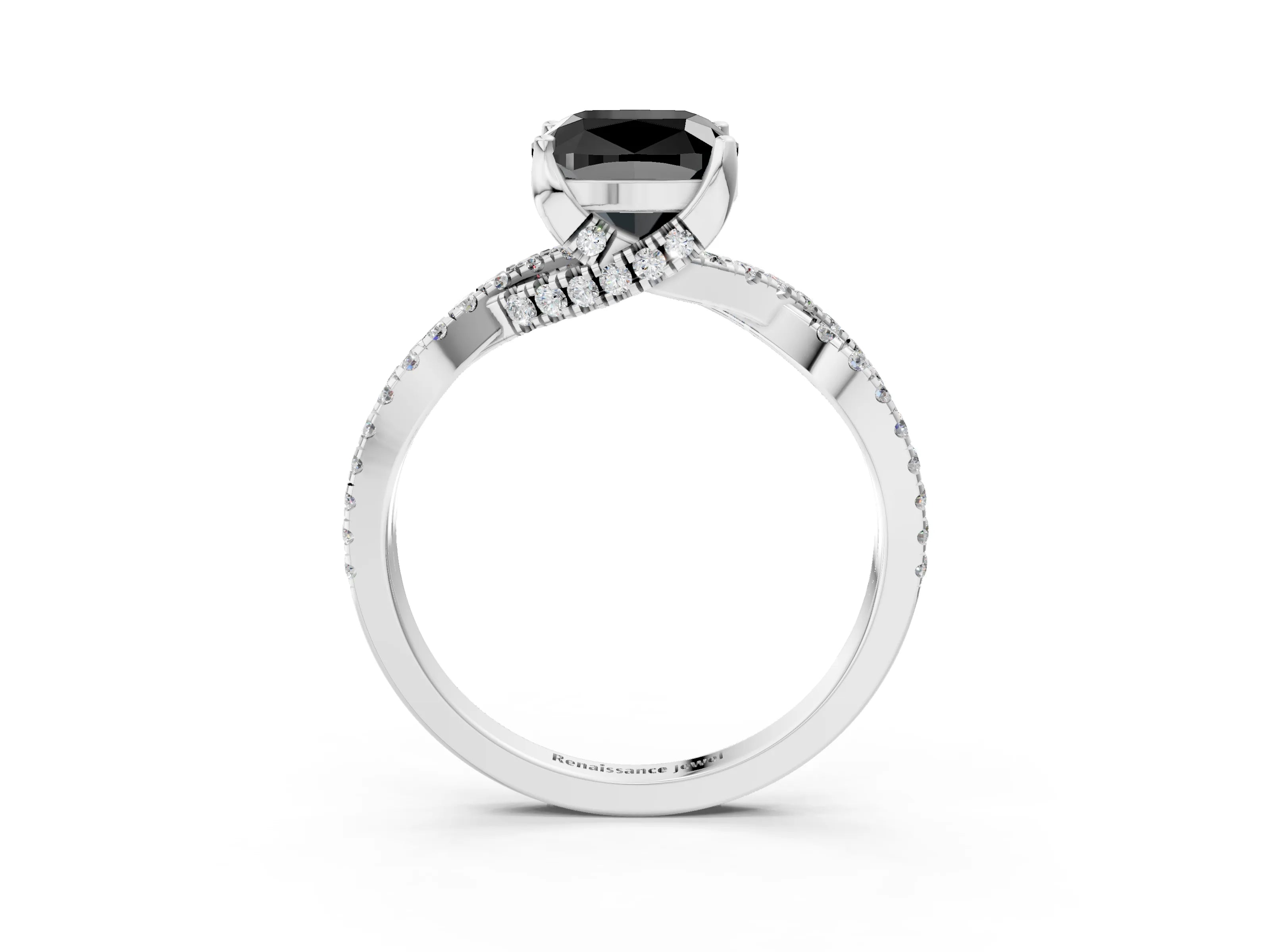 White gold Fancy Black Cushion Cut Solitaire Twist Pave Diamond Engagement Ring with Prong Setting_15