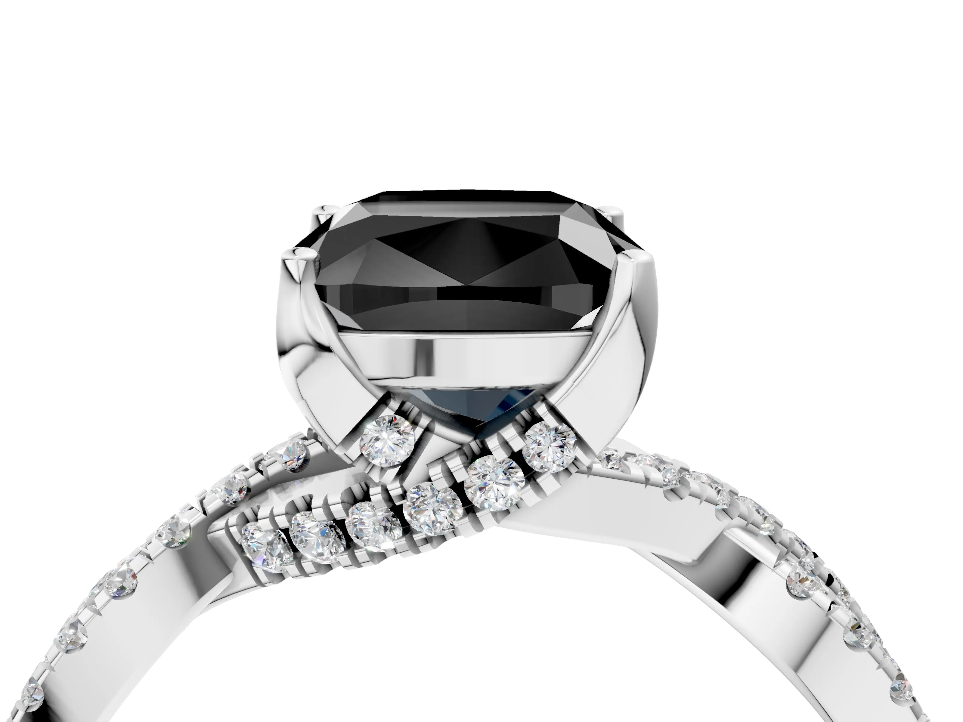 White gold Fancy Black Cushion Cut Solitaire Twist Pave Diamond Engagement Ring with Prong Setting_16