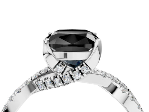 White gold Fancy Black Cushion Cut Solitaire Twist Pave Diamond Engagement Ring with Prong Setting_16