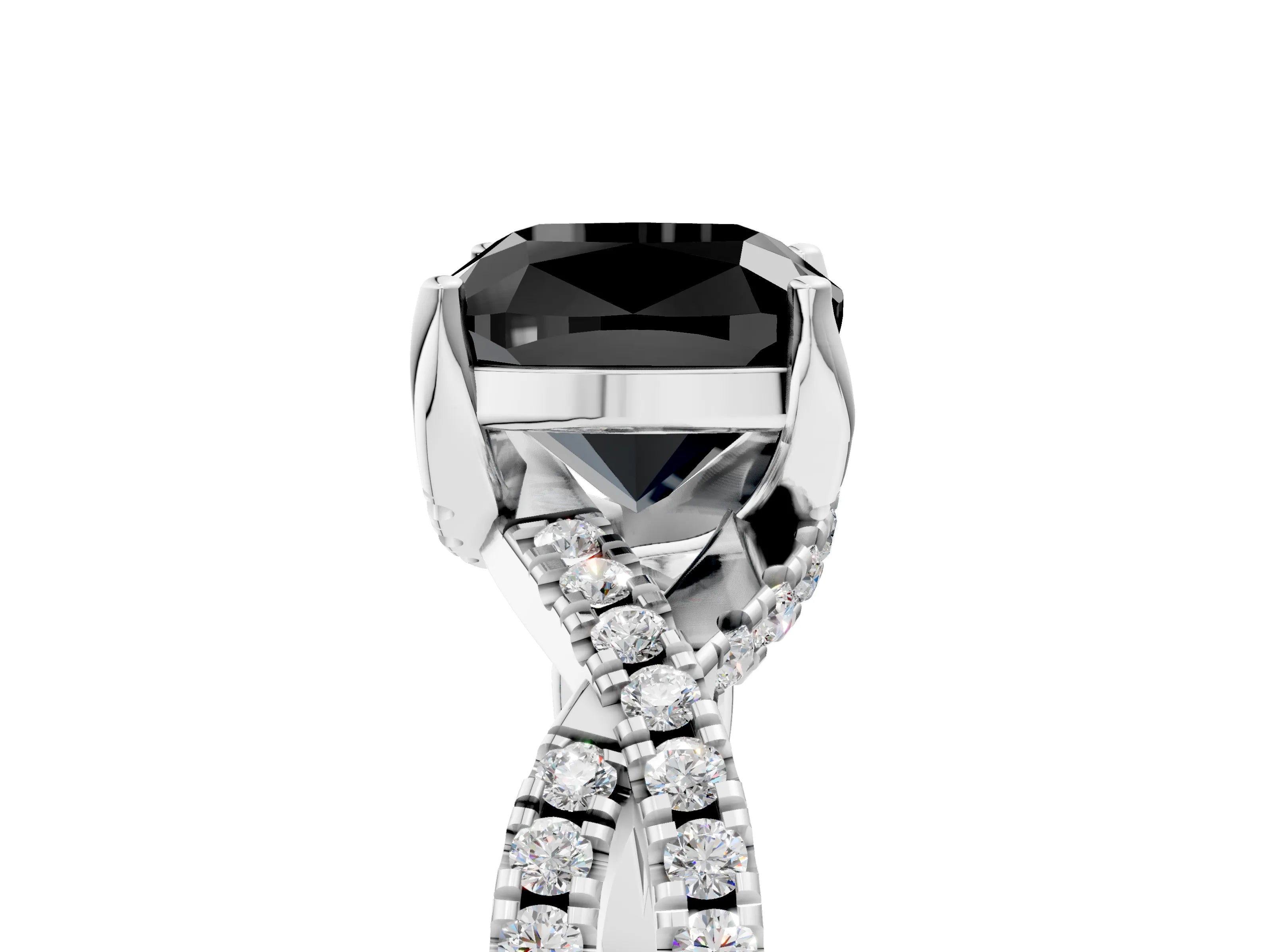 White gold Fancy Black Cushion Cut Solitaire Twist Pave Diamond Engagement Ring with Prong Setting_17