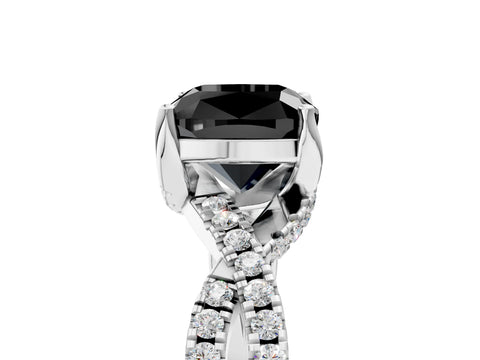 White gold Fancy Black Cushion Cut Solitaire Twist Pave Diamond Engagement Ring with Prong Setting_17