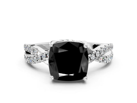 White gold Fancy Black Cushion Cut Solitaire Twist Pave Diamond Engagement Ring with Prong Setting_18