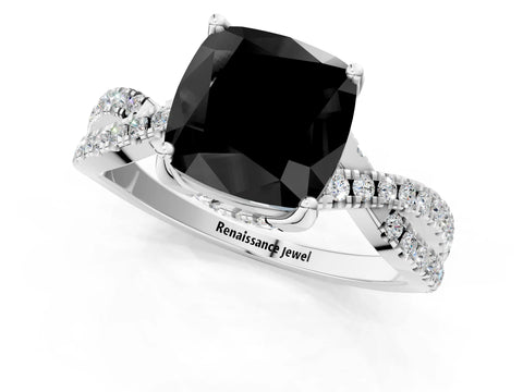 White gold Fancy Black Cushion Cut Solitaire Twist Pave Diamond Engagement Ring with Prong Setting_19