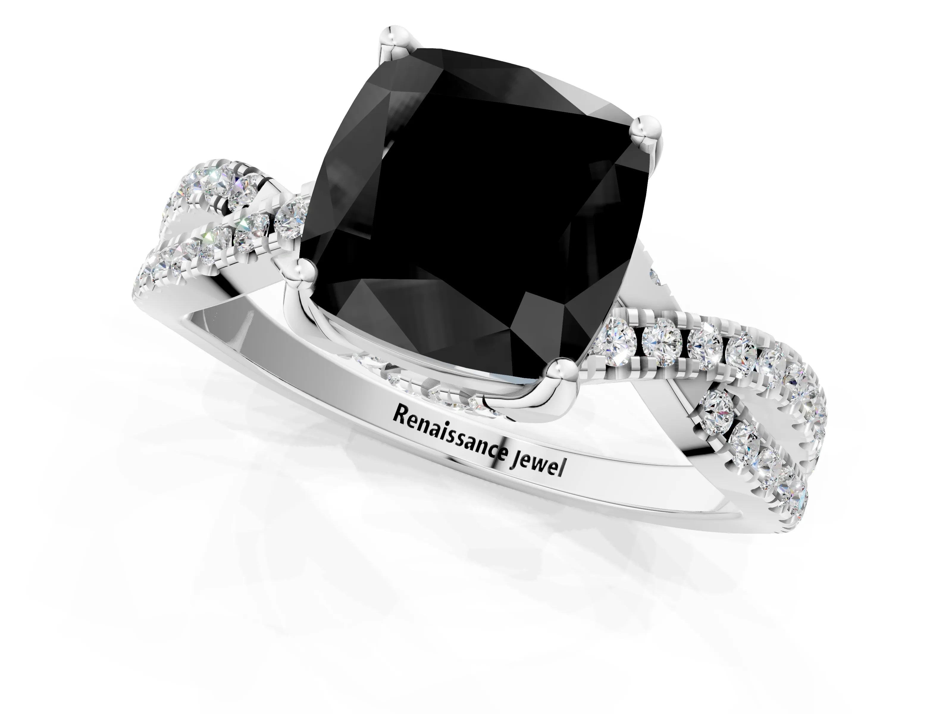 White gold Fancy Black Cushion Cut Solitaire Twist Pave Diamond Engagement Ring with Prong Setting_1