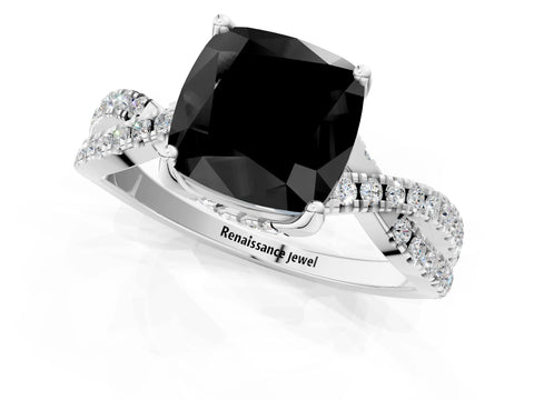 White gold Fancy Black Cushion Cut Solitaire Twist Pave Diamond Engagement Ring with Prong Setting_1