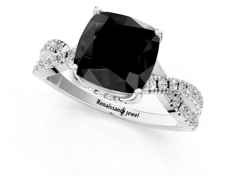 White gold Fancy Black Cushion Cut Solitaire Twist Pave Diamond Engagement Ring with Prong Setting_1