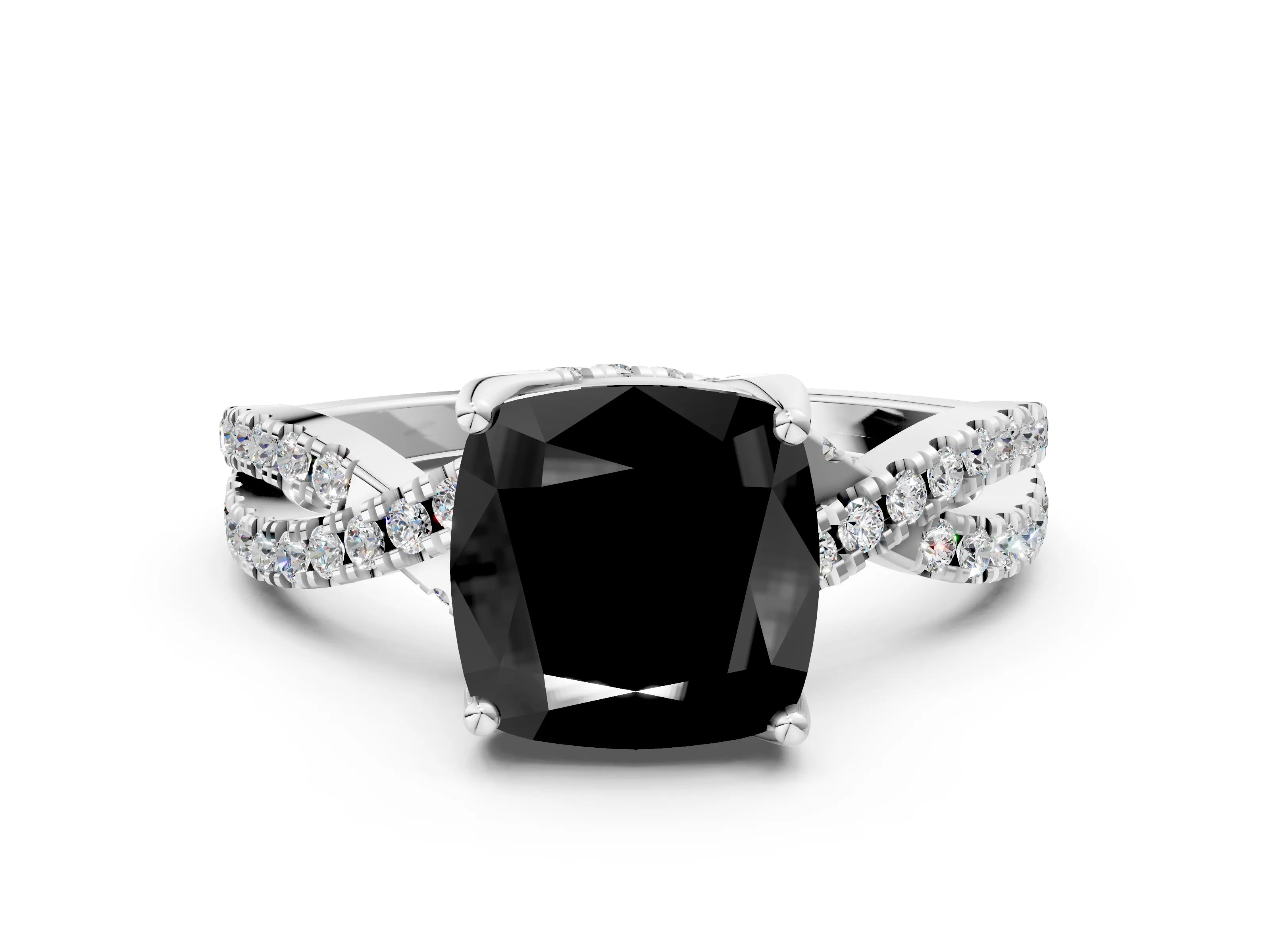 White gold Fancy Black Cushion Cut Solitaire Twist Pave Diamond Engagement Ring with Prong Setting_24