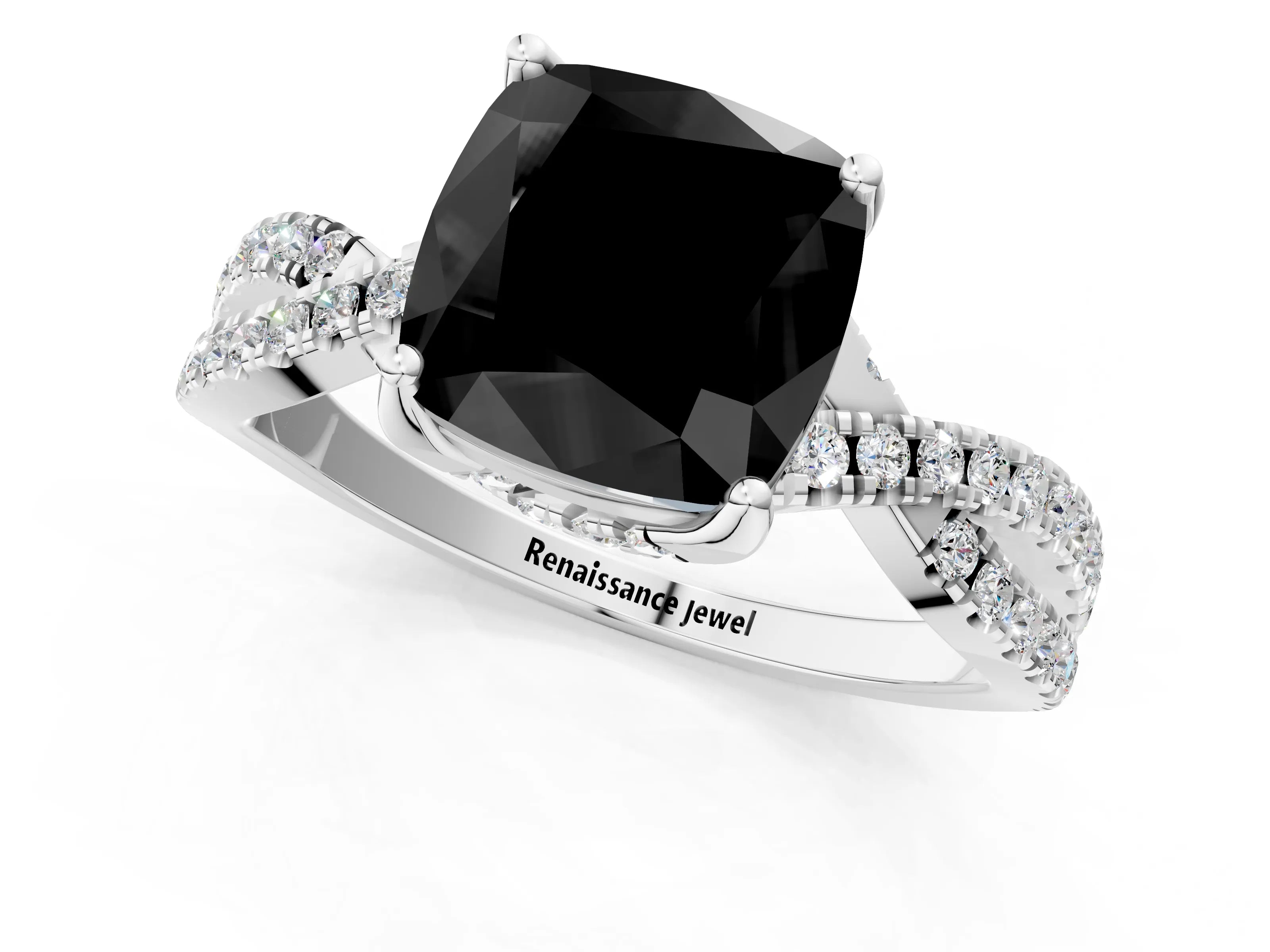 White gold Fancy Black Cushion Cut Solitaire Twist Pave Diamond Engagement Ring with Prong Setting_25