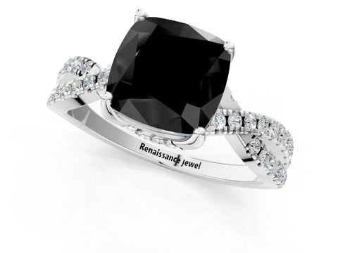 White gold Fancy Black Cushion Cut Solitaire Twist Pave Diamond Engagement Ring with Prong Setting_25