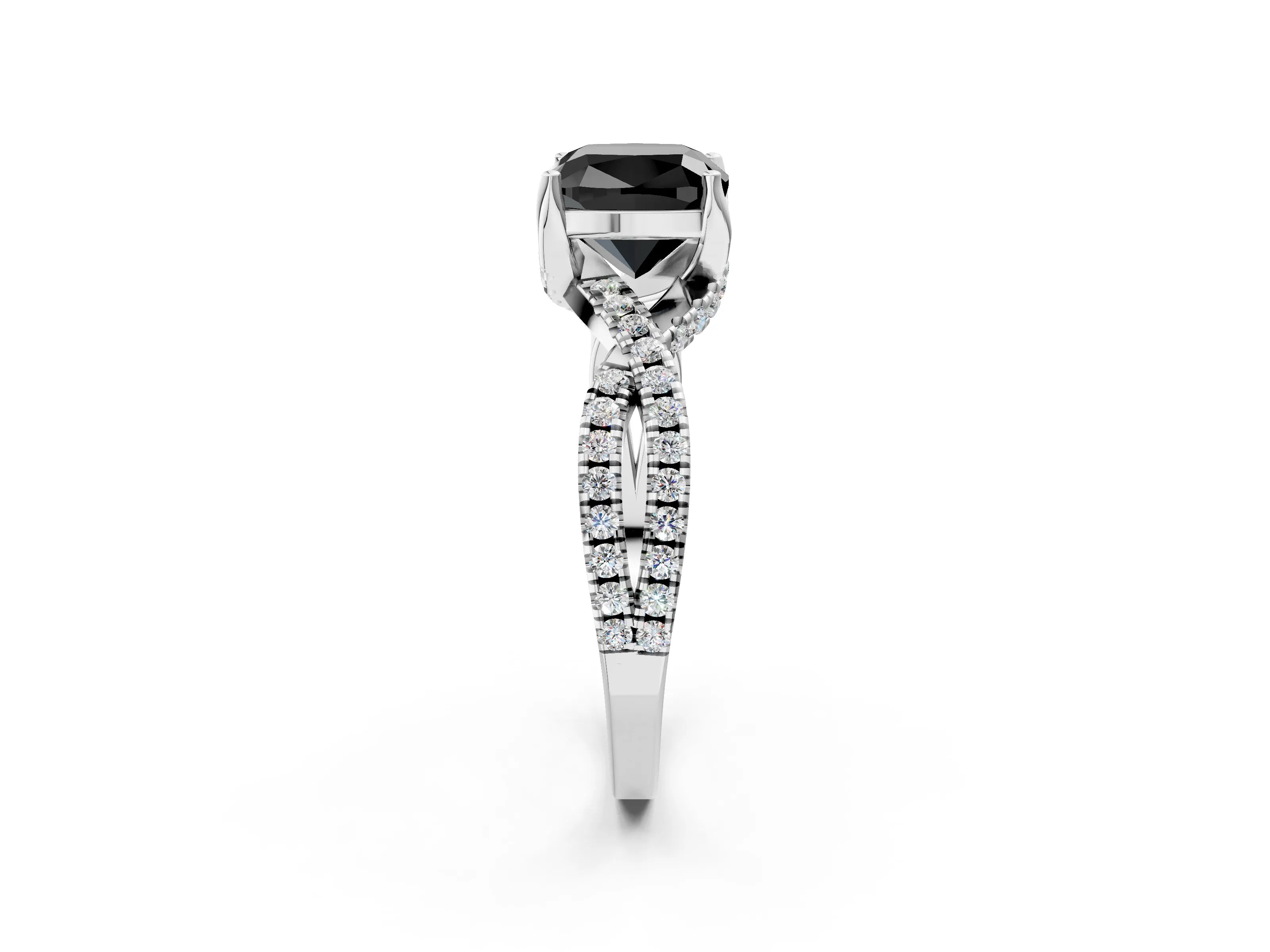 White gold Fancy Black Cushion Cut Solitaire Twist Pave Diamond Engagement Ring with Prong Setting_26