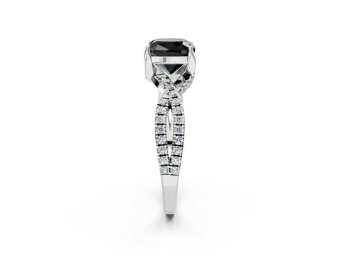 White gold Fancy Black Cushion Cut Solitaire Twist Pave Diamond Engagement Ring with Prong Setting_26