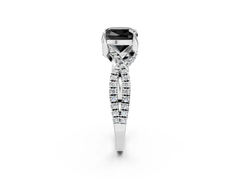 White gold Fancy Black Cushion Cut Solitaire Twist Pave Diamond Engagement Ring with Prong Setting_26