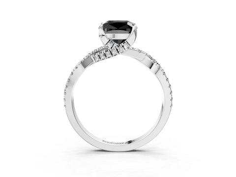 White gold Fancy Black Cushion Cut Solitaire Twist Pave Diamond Engagement Ring with Prong Setting_27