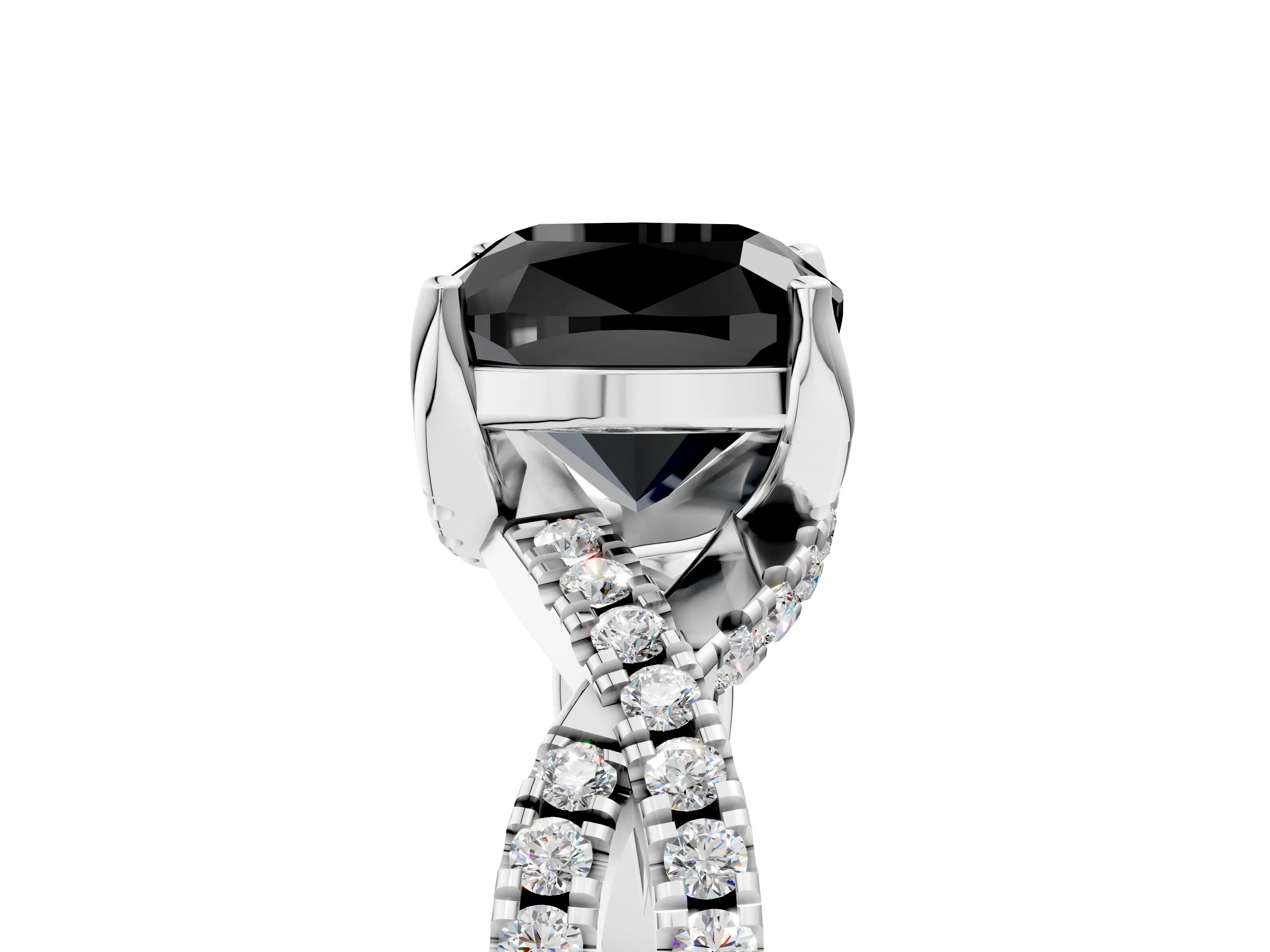 White gold Fancy Black Cushion Cut Solitaire Twist Pave Diamond Engagement Ring with Prong Setting_29