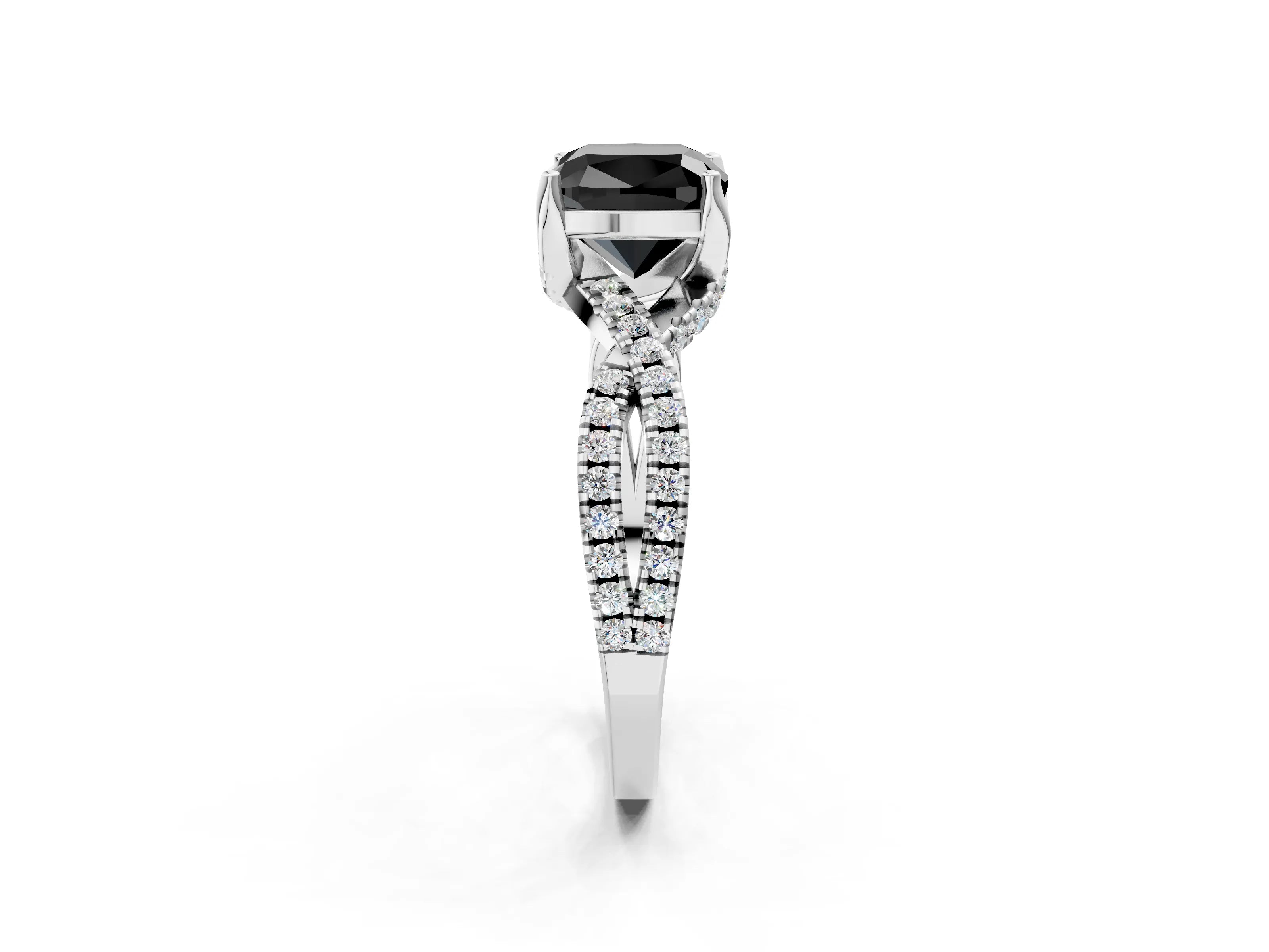 White gold Fancy Black Cushion Cut Solitaire Twist Pave Diamond Engagement Ring with Prong Setting_2