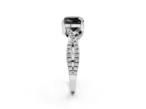 White gold Fancy Black Cushion Cut Solitaire Twist Pave Diamond Engagement Ring with Prong Setting_2