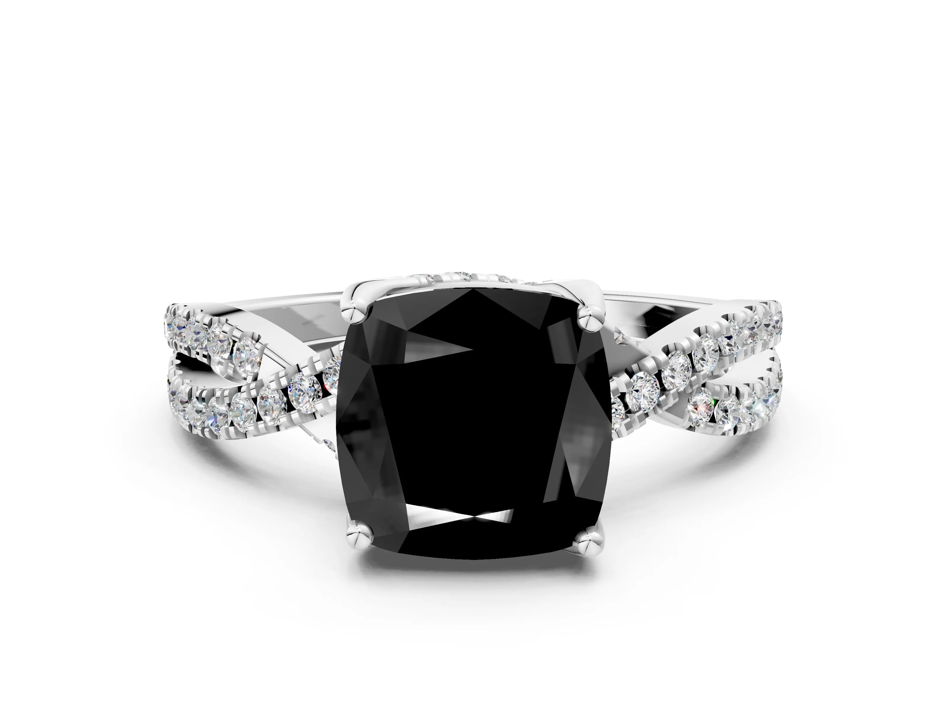 White gold Fancy Black Cushion Cut Solitaire Twist Pave Diamond Engagement Ring with Prong Setting_36