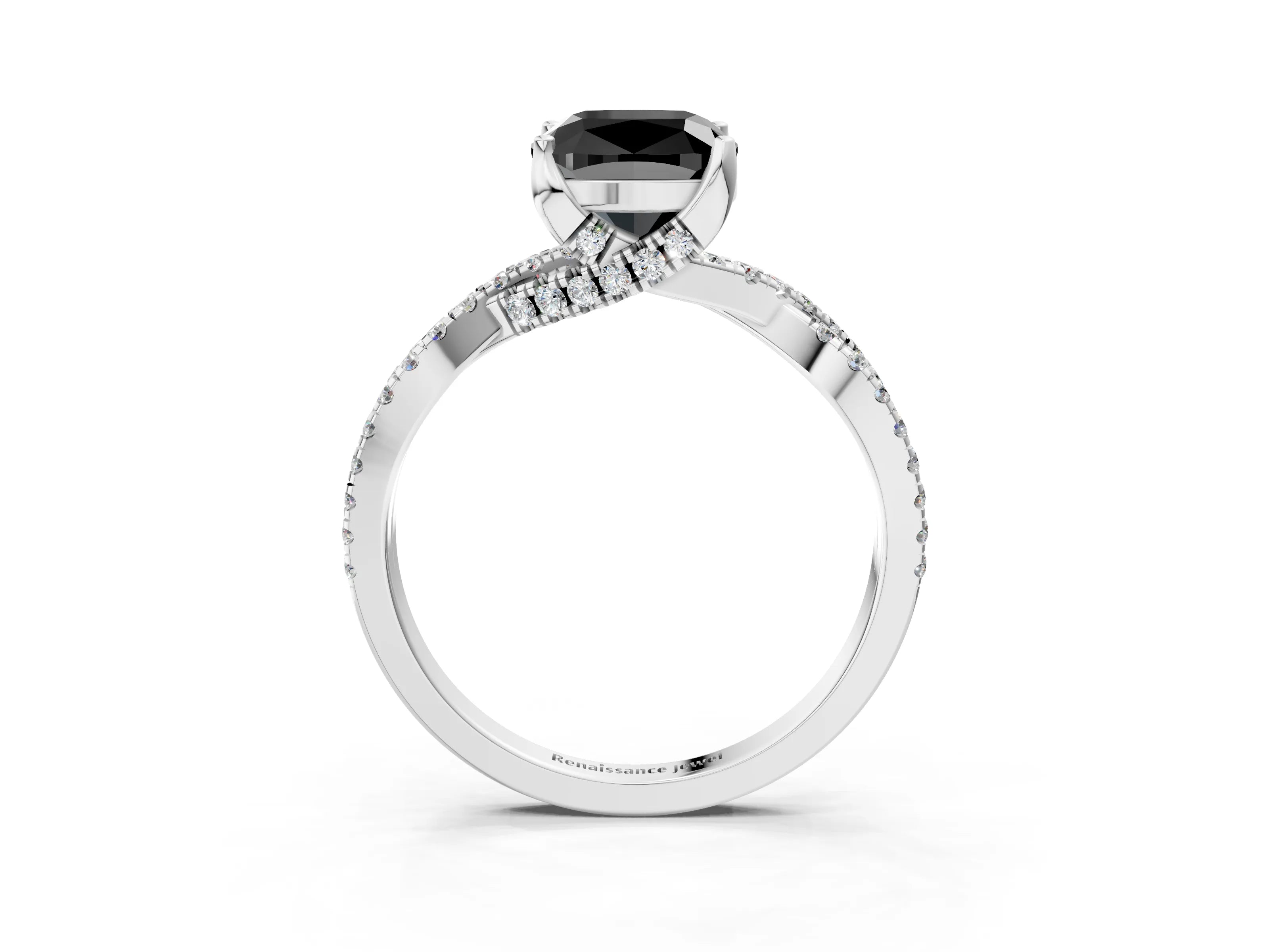 White gold Fancy Black Cushion Cut Solitaire Twist Pave Diamond Engagement Ring with Prong Setting_3