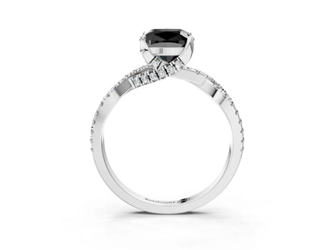 White gold Fancy Black Cushion Cut Solitaire Twist Pave Diamond Engagement Ring with Prong Setting_3