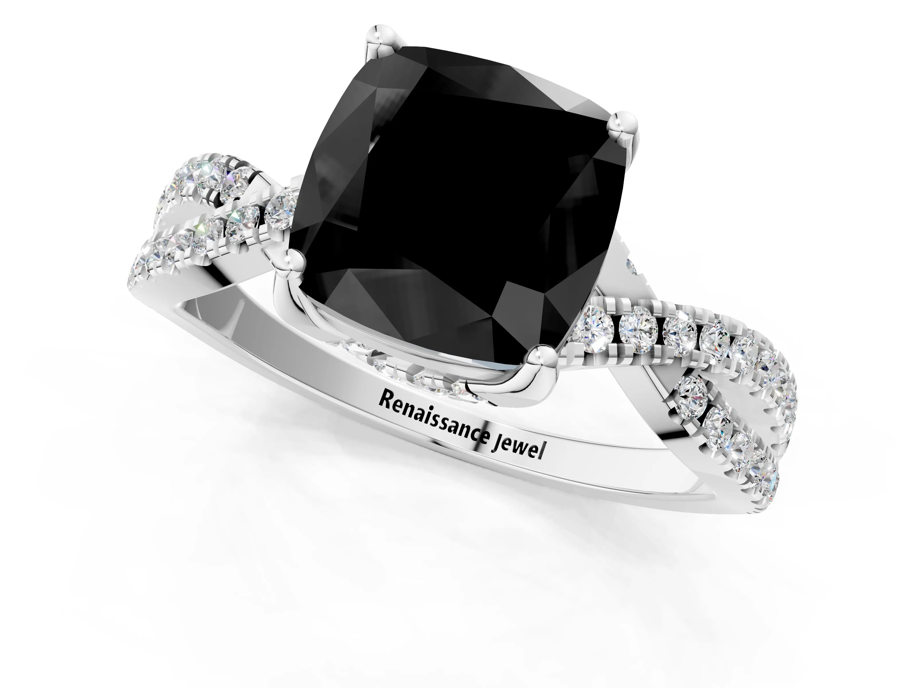 White gold Fancy Black Cushion Cut Solitaire Twist Pave Diamond Engagement Ring with Prong Setting_43