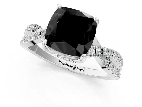 White gold Fancy Black Cushion Cut Solitaire Twist Pave Diamond Engagement Ring with Prong Setting_49
