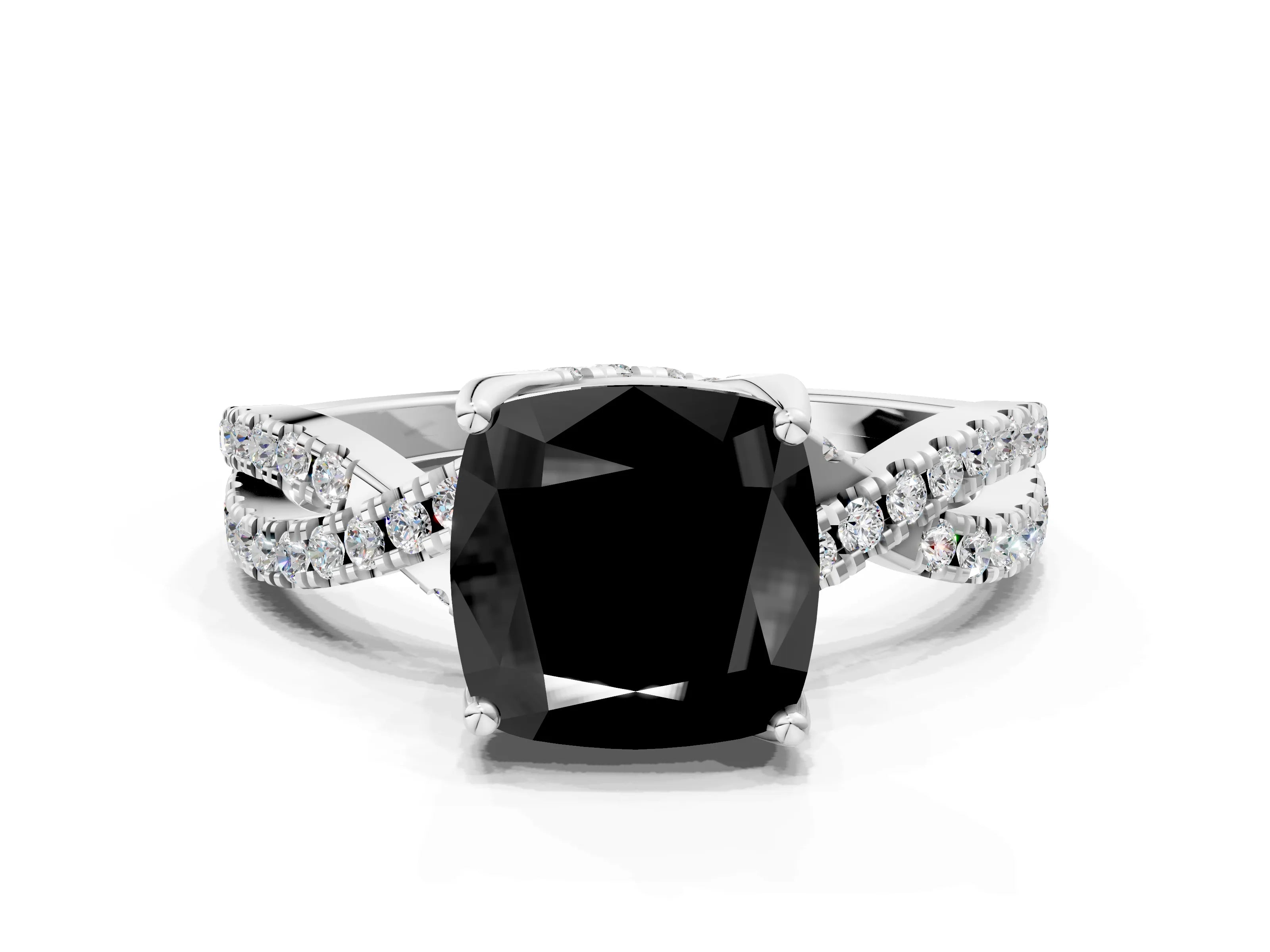 White gold Fancy Black Cushion Cut Solitaire Twist Pave Diamond Engagement Ring with Prong Setting