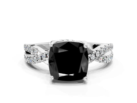 White gold Fancy Black Cushion Cut Solitaire Twist Pave Diamond Engagement Ring with Prong Setting